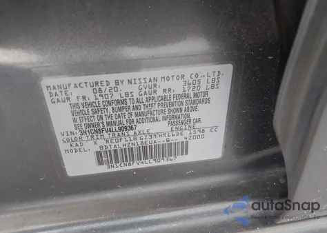 2020 Nissan Versa Sr Xtronic Cvt z USA, uszkodzony, nr VIN 3N1CN8FV4LL909367